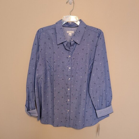 NWT Croft & Barrow chambray blouse XL button up anchor print striped cuffs - Picture 1 of 11
